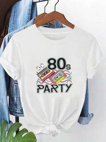 Camiseta Estampada Retro de los 80 para Mujer |   Cuello Redondo Blanco, Manga Corta, Ajuste Cómodo, Diseño Moderno, Para Todas las Temporadas, Estilo Casual, Tela de Elasticidad Media - Blanco - Ver 1