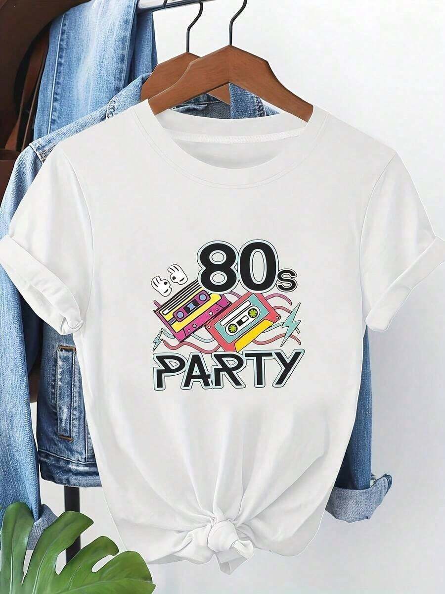Camiseta Estampada Retro de los 80 para Mujer | Cuello Redondo Blanco, Manga Corta, Ajuste Cómodo, Diseño Moderno, Para Todas las Temporadas, Estilo Casual, Tela de Elasticidad Media - Blanco - Ver 1