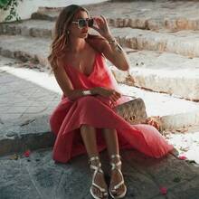 MUJER 2025 vestido largo rojo Slip para mujer, vestidos largos sexis con espalda descubierta para mujer, vestido de playa de verano para mujer, vestidos de fiesta drapeados para mujer - Negro - Ver 2