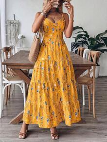 MSBreezaya Nuevo vestido vintage con estampado floral para cumpleaños y boda, de múltiples capas, patchwork, con lazo lindo para mujer.Vestido floral - Amarillo 2 - Ver 3