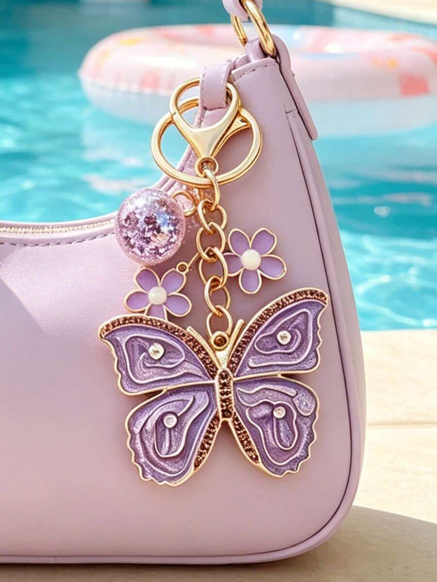 1pc Pretty Purple Butterfly Flower Keychain, Handmade Rhinestone Pendant, Pearl Butterfly Enamel Bag Pendant, Elegant Natural Spring And Summer Theme, Hawaiian Bohemian Vacation Style, Suitable For Backpack, Wallet Decoration, Headphone Bag Accessories, Car Pendants, And Drip Oil Jewelry. Suitable For Women'S Daily Wear, Vacations, And Gatherings. Unique Small Gifts, Birthday Gifts, Party Gifts, Bridesmaid Gifts, Gifts For Him/Her