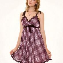 ROMWE Kawaii Spring/Summer Valentine's Day Plaid Ruffle Tie Casual Loose Women Mini Dress - Marrón - Ver 7