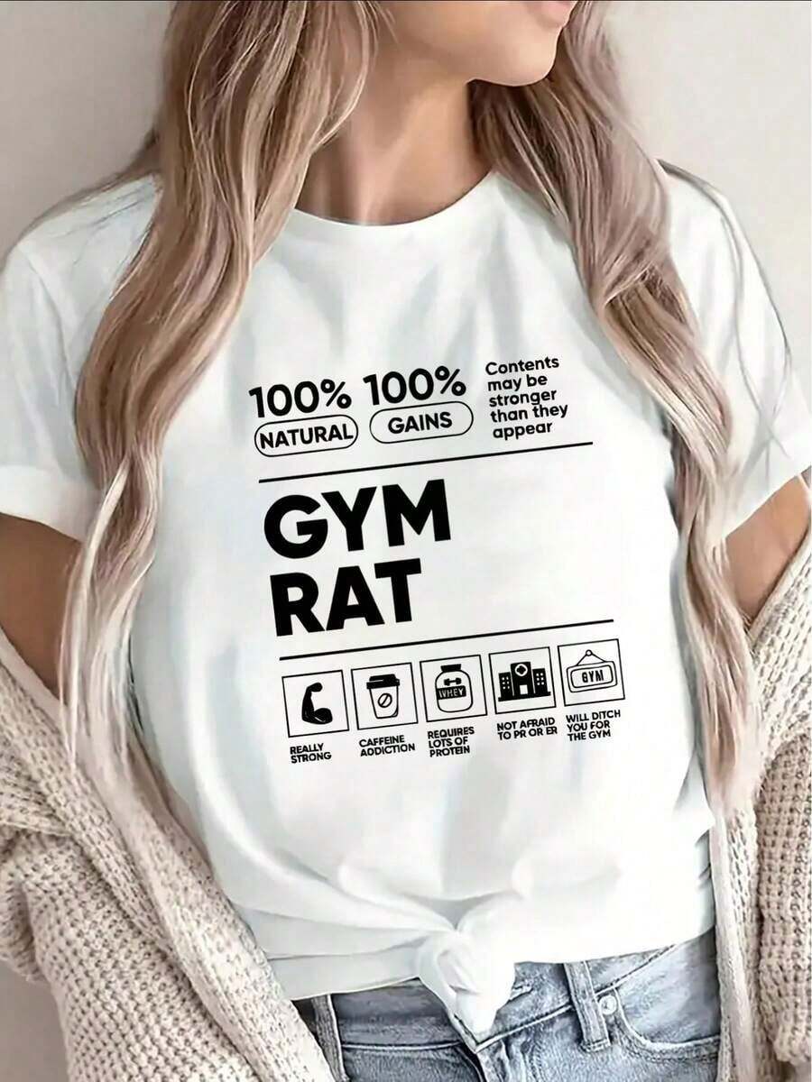 100% Cotton Polyester T-Shirt For Women "Gym Rat", 100% Natural Gains Design, Lightweight And Durable, Ideal For Gym, Training Or Casual Wear, Short Sleeve With Fun Fitness Graphics - 白色 - 查看 1