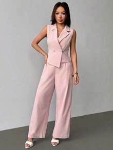de 2 piezas de ropa de otoño, top sin mangas y pantalones de unicolor para mujer - Rosa - Ver 1