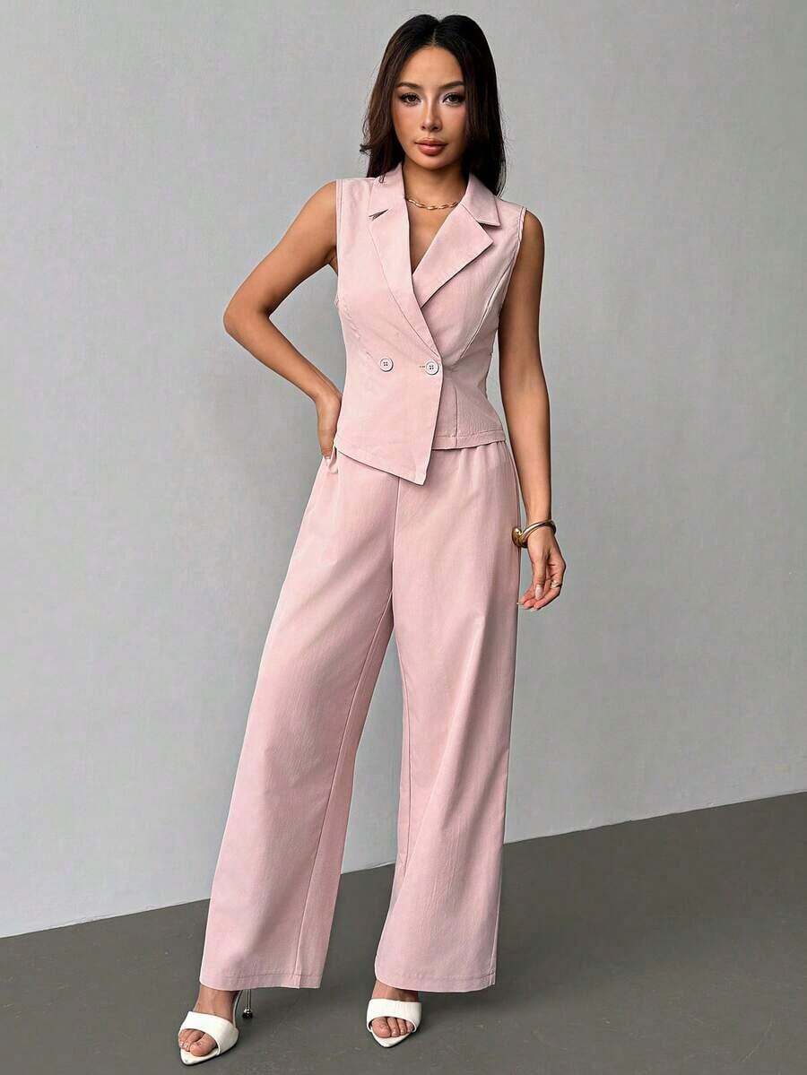 de 2 piezas de ropa de otoño, top sin mangas y pantalones de unicolor para mujer - Rosa - Ver 1