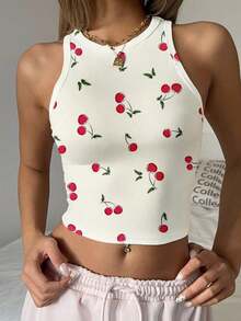 Top sin mangas de ajuste ceñido con cuello de tripulación y estampado de cereza en estilo minimalista casual, adecuado para el verano - Multicolor - Ver 6