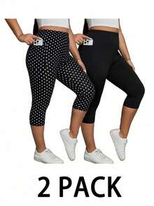 Pantalones capri de verano para mujer de talla grande, 2 piezas de leggings estampados, leggings negros, pantalones capri deportivos para mujer, leggings de mujer, conjunto de 2 piezas de leggings negros, ropa de otoño, atuendos de maestro - Negro - Ver 10