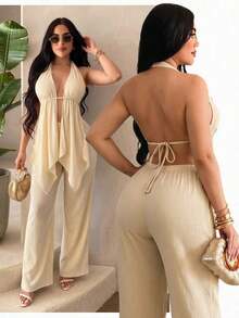 Conjunto de top con escote halter y espalda descubierta con volantes en el bajo y pantalones de pierna ancha, conjunto de ropa sexy para vacaciones/citas - Blanco - Ver 7