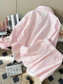 Nuevo conjunto informal de 2 piezas de manga larga y pantalones cortos de lino minimalista y de moda, talla grande - Rosa - Ver 2