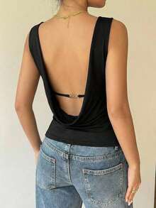 Blusa social sin espalda, tops de verano para mujeres de unicolor, cuello redondo, sin espalda, casual, versátil, camiseta diaria, tops sin espalda para mujeres, tops con espalda abierta para mujeres, tops sin espalda para el verano - Negro - Ver 2