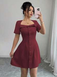 Vestido corto de manga corta con cuello trapezoidal elegante, volantes y botones en la cintura, corte evasé, adecuado para el trabajo, primavera/verano - Granada - Ver 6