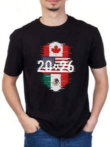 Playera masculina de algodón orgánico con estampado gráfico de fútbol 2026, diseño moderno con banderas de Canadá, EE.UU.y México, ideal para uso casual y deportivo - Negro - Ver 6