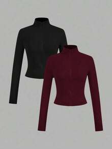 2 piezas Conjunto versátil de ropa deportiva de punto blanca y negra para yoga y fitness, camiseta de manga larga con cremallera y bordado gráfico de letras, elegante para otoño/invierno - Multicolor 6 - Ver 12