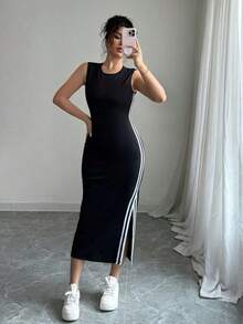 Vestido largo con abertura lateral decorativa de cinta bicolor negro y blanco de cuello redondo para mujeres - Negro - Ver 5