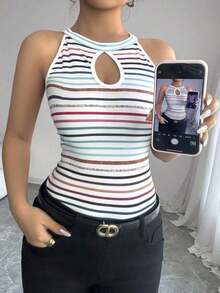 Camiseta ajustada y sexy con diseño hueco y cuello halter a rayas para mujeres - Multicolor 2 - Ver 6
