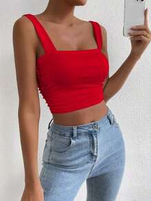 Top Cami Ajustado de Pliegues unicolor y Corto para el Verano - Rojo - Ver 5