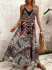 Tall Vestido de línea A con estampado de leopardo para mujer, adecuado para vacaciones y uso diario - Multicolor - Ver 5