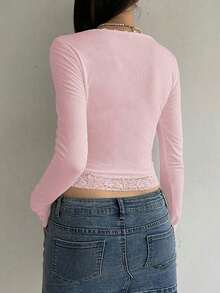 Camiseta elegante de manga larga con cuello cuadrado, unicolor y encaje contrastante para mujer, ideal para atuendos primaverales - Rosa - Ver 2