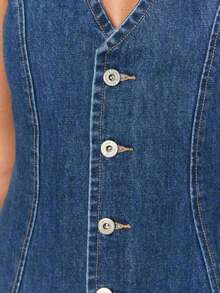 1Women's Spring/Summer Denim Dress: Button-Front, Back Waist Tie, Vintage-Style Fashion Dress - 藍色 - 查看 4