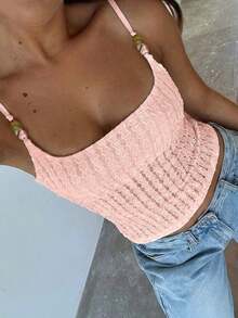 de tirantes ajustada de unicolor casual para mujer Vaiaye, con decoración de concha, textura de jacquard, adecuada para la playa, el Día de San Patricio y el trayecto al trabajo en verano - Rosa 2 - Ver 3