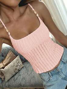 de tirantes ajustada de unicolor casual para mujer Vaiaye, con decoración de concha, textura de jacquard, adecuada para la playa, el Día de San Patricio y el trayecto al trabajo en verano - Rosa 2 - Ver 12