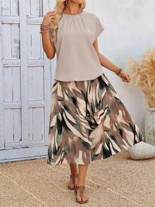 2 piezas Conjunto de top casual de unicolor + falda con estampado geométrico blanco y negro para vacaciones de mujer, Conjunto de ropa de verano para mujer, Conjunto de falda y top de verano, Conjunto de falda y top de mujer, Conjunto de falda - Multicolor 7 - Ver 3