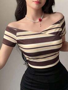 Camiseta de mujer de manga raglán con cuello de corazón de unicolor para salir - Marrón - Ver 1