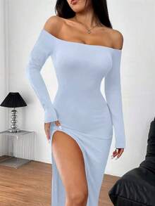 Vestido rojo sexy de hombros descubiertos con abertura lateral alta - Azul - Ver 4