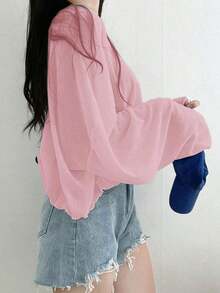 Camiseta corta de mujer de unicolor con cuello en V holgado, blusas de mujer de manga larga para primavera/verano, ropa de mujer para otoño - Rosa - Ver 2