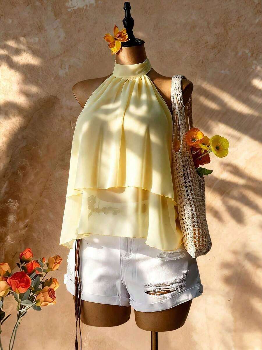 Blusa con cuello halter amarilla, blusa elegante con cuello halter, bajo con volantes en forma de A y cuello con lazo, camisa casual de oficina de color amarillo claro, blusa con cuello halter y espalda descubierta para playa y vacaciones - Amarillo claro - Ver 1