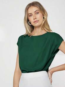 Blusa de mujer con mangas de murciélago asimétricas, de unicolor, estilo básico urbano de viaje, moda elegante y sencilla para negocios casuales, adecuada para maestras y uso en la oficina - Verde Oscuro - Ver 3