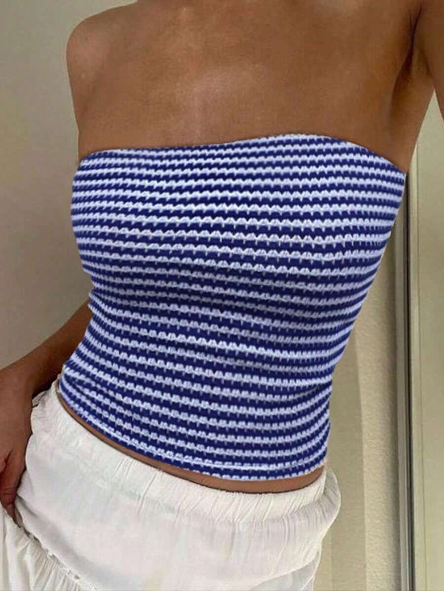 2 piezas Top tipo bandeau con estampado de leopardo y parte superior tipo bandeau sólida negra, blusas cortas sin mangas tipo bustier casuales, blusas sin mangas sexy para fiesta - Azul - Ver 1