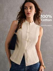 de mujer de estilo chino casual de verano con cuello de cheongsam, botones y textura de unicolor - Albaricoque - Ver 7