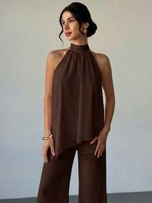 Conjunto de blusa y pantalones rectos holgados de mujer, elegante y casual para oficina, de gasa rosa con cuello de halter sin mangas y dobladillo asimétrico suelto, nuevo para primavera/verano - Marrón - Ver 4