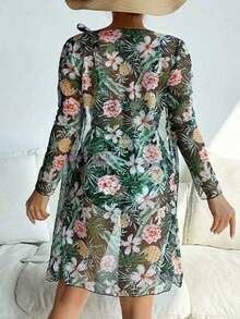 Conjunto de bikini con estampado tropical de tres piezas sujetador de empuje y bottom de bikini tipo hipster y kimono para mujer estilo vacaciones de verano en la playa - Verde Oscuro - Ver 2
