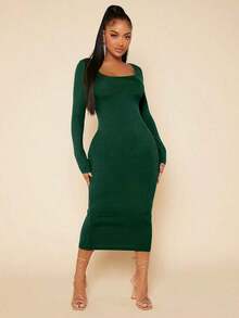 Vestido ajustado unicolor de cuello scoop - Verde Oscuro - Ver 1