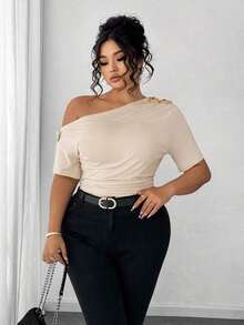Blusa de talla grande para mujer elegante, personalizada, de moda, versátil, con un solo hombro, adecuada para uso diario - Albaricoque - Ver 4