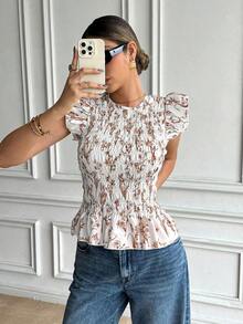 Blusa de manga corta con cuello redondo, volantes y estampado floral para vacaciones de mujer - Marrón - Ver 1
