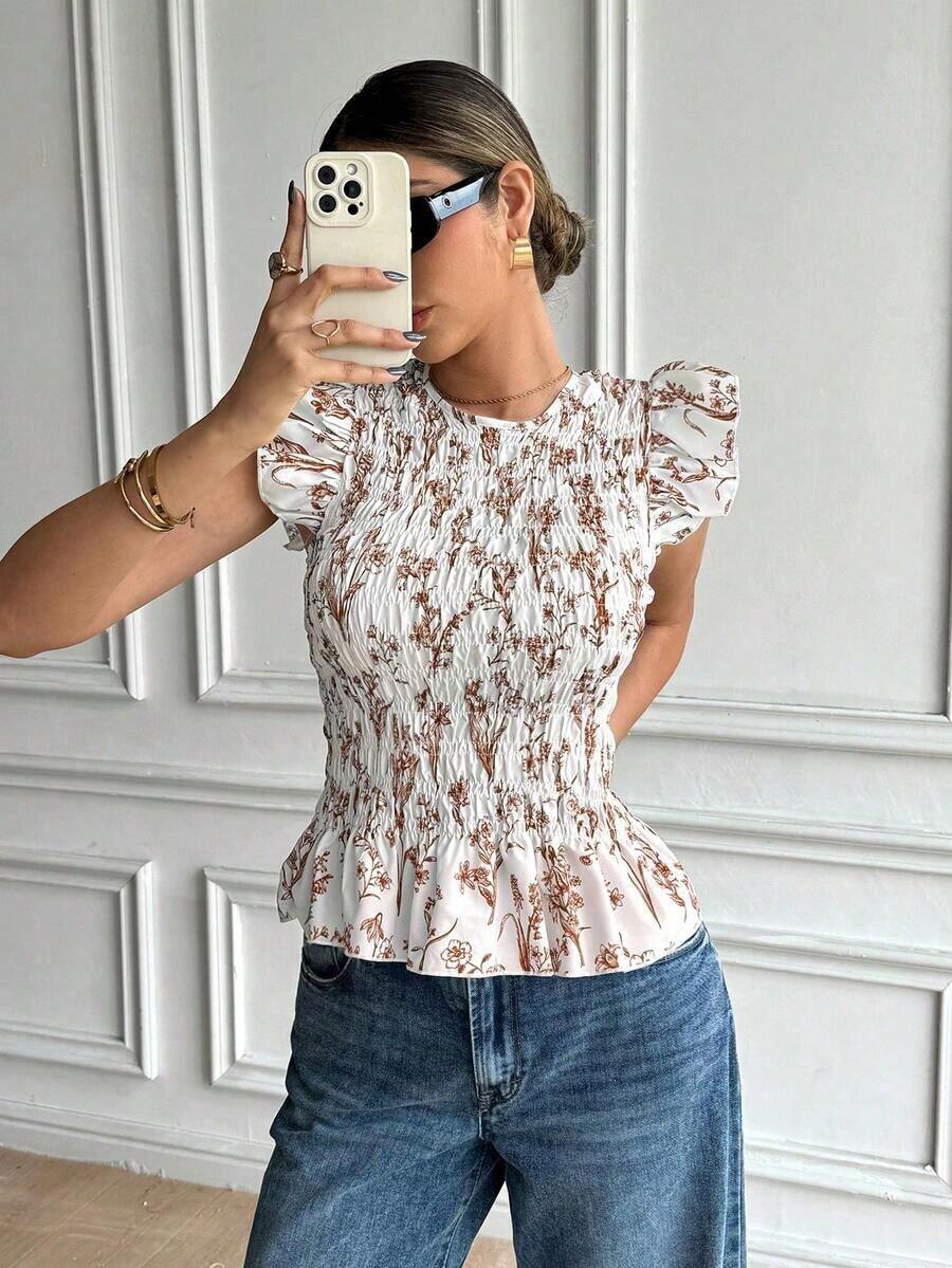 Blusa de manga corta con cuello redondo, volantes y estampado floral para vacaciones de mujer - Marrón - Ver 1