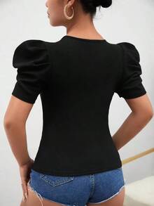 Camiseta escote corazón de manga farol - Negro - Ver 2