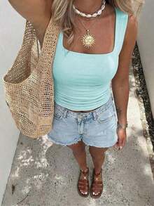 Camiseta sin mangas ajustada de unicolor con cuello cuadrado para mujer , Chaleco de unicolor minimalista y retro, Camiseta de punto sin espalda de moda de verano, Versátil y casual, Adecuado para el trabajo y el transporte - verde menta - Ver 7
