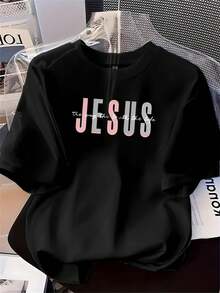 Plus Size Women's Casual Printed T-Shirt, Fashionable Short Sleeve Top With Printed Base, Soft, Versatile, With A Creative "JESUS" Letter Pattern. Printed T-Shirt Suitable For Daily Wear, Outdoor Activities, Casual And Festive Occasions. - 黑色 - 查看 1