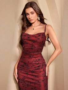 Vestido ceñido y delgado de tirantes largos para mujer - Burdeos - Ver 6