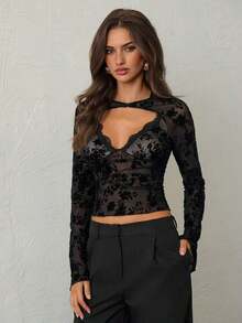 Blusa de manga larga con cuello en V profundo, transparente y con detalles de encaje negro para mujeres - Negro 2 - Ver 6