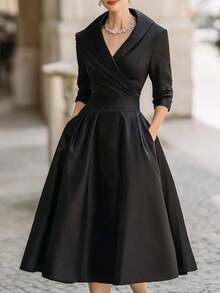 elegante y de moda francés al estilo europeo y americano, vestido formal de cintura ceñida de estilo minimalista, vacacional y casual japonés y coreano, vestido de dama elegante y sexy de escote profundo en V y ajustado al Body para otoño/invierno - Negro - Ver 3