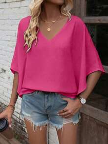Camisa de manga corta de unicolor, cuello en V, holgada y casual para vacaciones - Rosa Fucsia - Ver 8