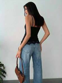 Nueva llegada Primavera/Verano Elegante Top casual de lino color albaricoque con cintura fruncida, bajo asimétrico y espalda descubierta - Negro - Ver 2