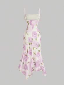 Vestido Camisero Elástico de Mujer con Estampado Floral Romántico, Bajo Asimétrico y Escote Fruncido - Lila Púrpura - Ver 2