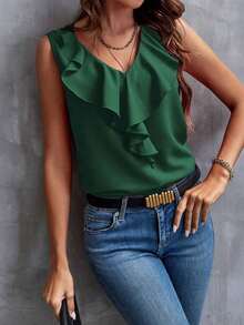 Blusa sin mangas con ribete de volantes, blusas sin mangas de verano elegantes para damas - Verde Oscuro - Ver 5