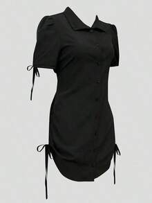 Camisa negra elegante de manga corta con botones y cintura elástica - Adecuada para ocasiones casuales y formales, uso casual| Estilo refinado| Camisa de manga corta de verano - Negro - Ver 4